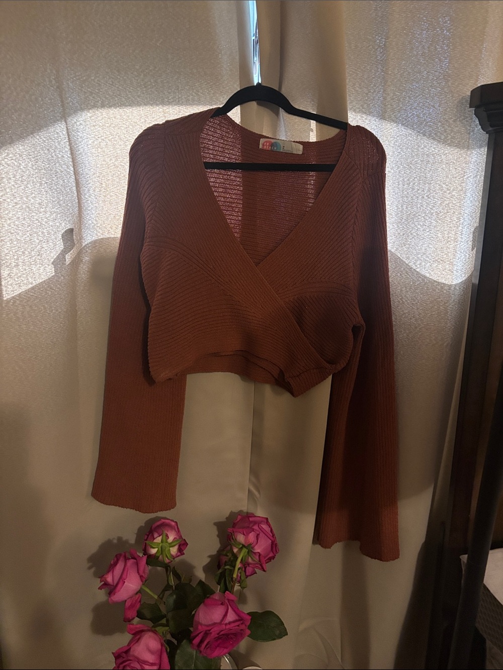 Free People Wrap V-Neck Ribbed Sweater in Rust